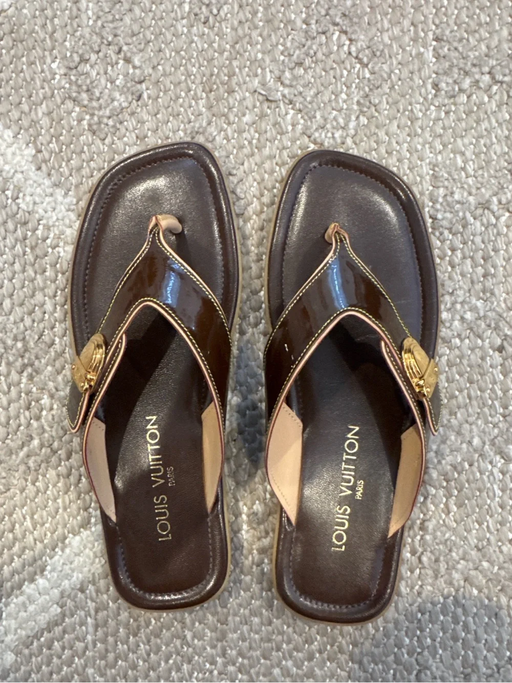 Louis Vuitton Brown Patent Leather Thong Sandals – Size 36.5